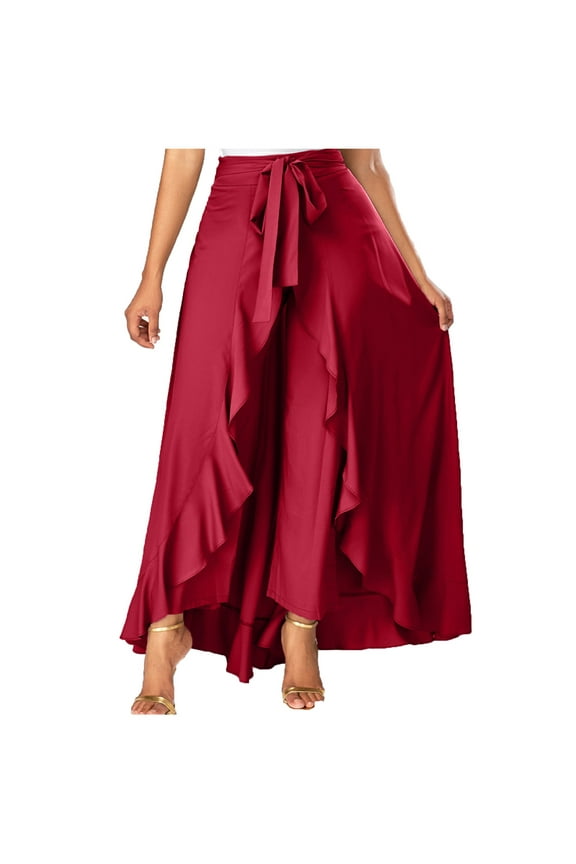 Layered Flowy Skirts Women's Casual Hakama Irregular Leaf Bow High Waist Long Culottes Skirt Long Skirt S-69 Red-A S