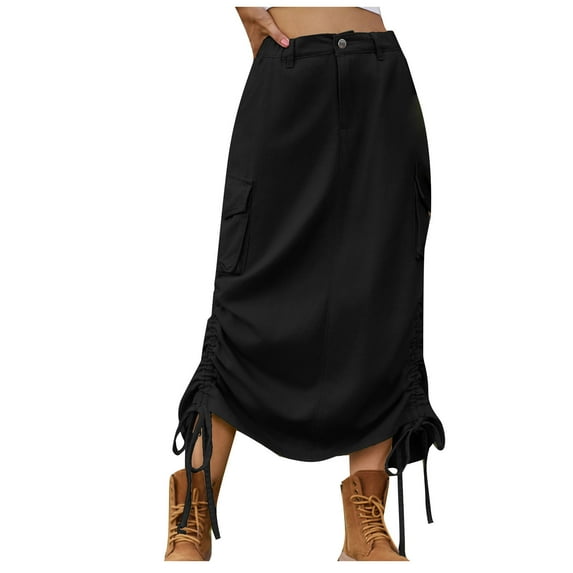 Mrat Lightweight Boho Skirt Women's Spring Summer Work Dress Pocket Skirt Casual Mid-Length Drawstring Skirt Pencil Skirt S-134 Black L