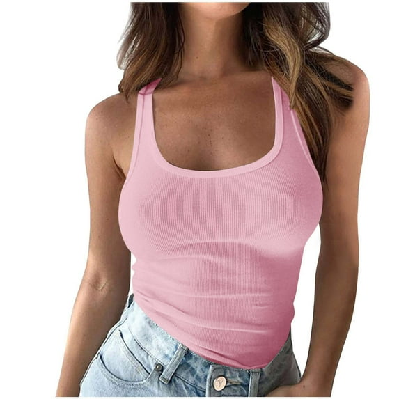 Mrat Lightweight Camisoles Womens Strap Tops Casual Sleeveless Scoop Neck Ribbed Tank Tops Going out Cropped Camisole Basic Cami Tee Shirts S-132 Pink-a XXL