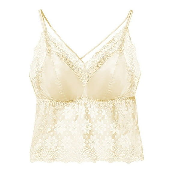 Mrat Lightweight Tank Tops Bralettes for Women Lace Spaghetti Strap Cami Tops Slim Basic Camisole Fashion Cropped Tank Tops with Chest Pad S-229 Rose Gold One Size