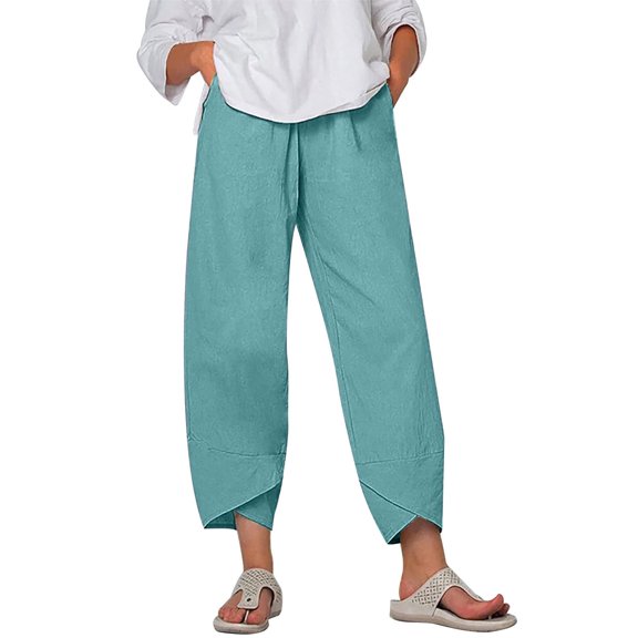 Mrat Linen Capris for Women Casual Capris Pants Solid Cropped Comfy Baggy Trousers with Pockets Loose Pants S-18 Mint Green 3XL