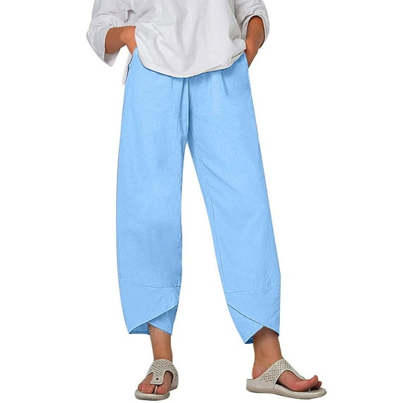 Mrat Linen Capris for Women Casual Capris Pants Solid Cropped Comfy Baggy Trousers with Pockets Loose Pants S-19 Blue m