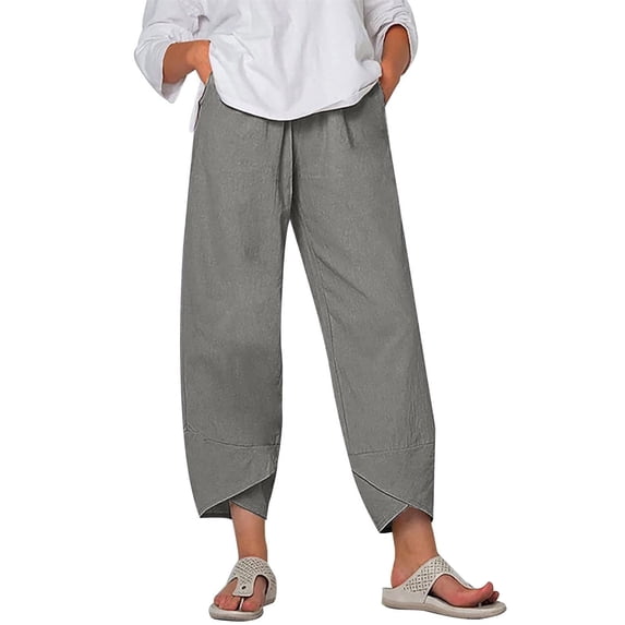 Mrat Linen Capris for Women Casual Capris Pants Solid Cropped Comfy Baggy Trousers with Pockets Loose Pants S-19 Dark Gray 5XL