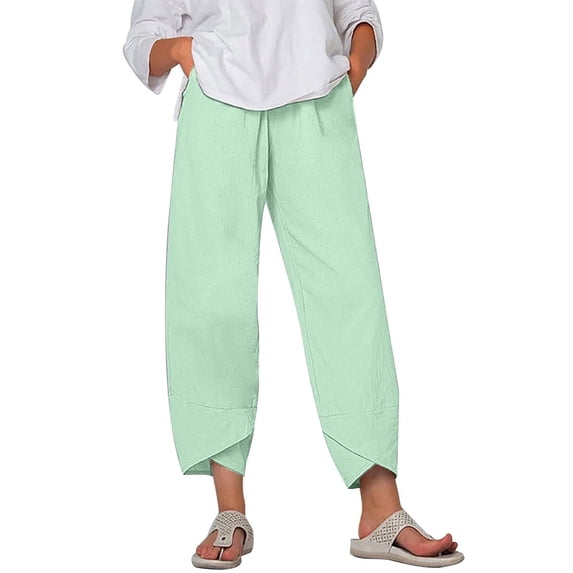 Mrat Linen Capris for Women Casual Capris Pants Solid Cropped Comfy Baggy Trousers with Pockets Loose Pants S-19 Mint Green 5XL