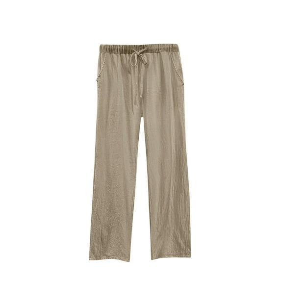 Mrat Linen Drawstring Pants Women High Waisted Straight Pants Casual Flowy Wide Leg Beach Trousers with Pockets S-14 Khaki S