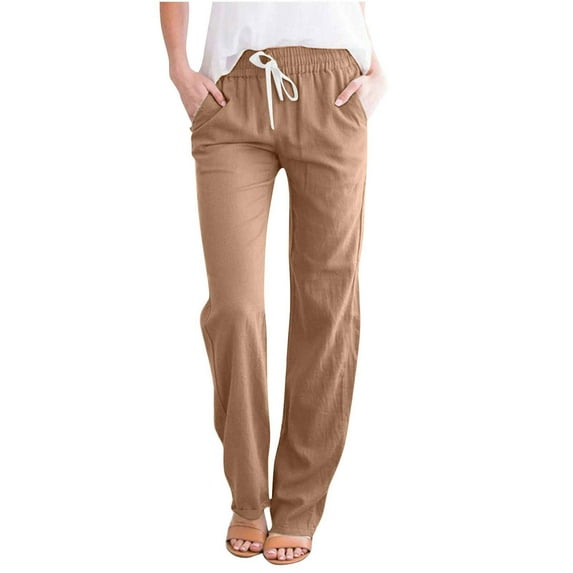 Mrat Linen Pants for Women High Waist Full Length Pants Fashion Ladies Summer Casual Loose Cotton and Linen High Waisted Trousers Solid Color Elastic Waist Loose Long Pants with Pocket Brown_C L