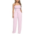 thumbnail image 1 of Mrat Linen Pants for Women Jumpsuit Bandeau Strapless Elastic Waist Drawstring Rompers Wide Leg Jumpsuit Rompers with Pockets Loose Sleeveless Trousers Pink 2XL, 1 of 8