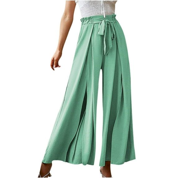 Mrat Linen Pants for Women Summer Bow Casual Loose Wide Leg Sweatpants Sweatpants with Pockets High Waist Pleated Wide Solid Trousers Pants Light Blue S