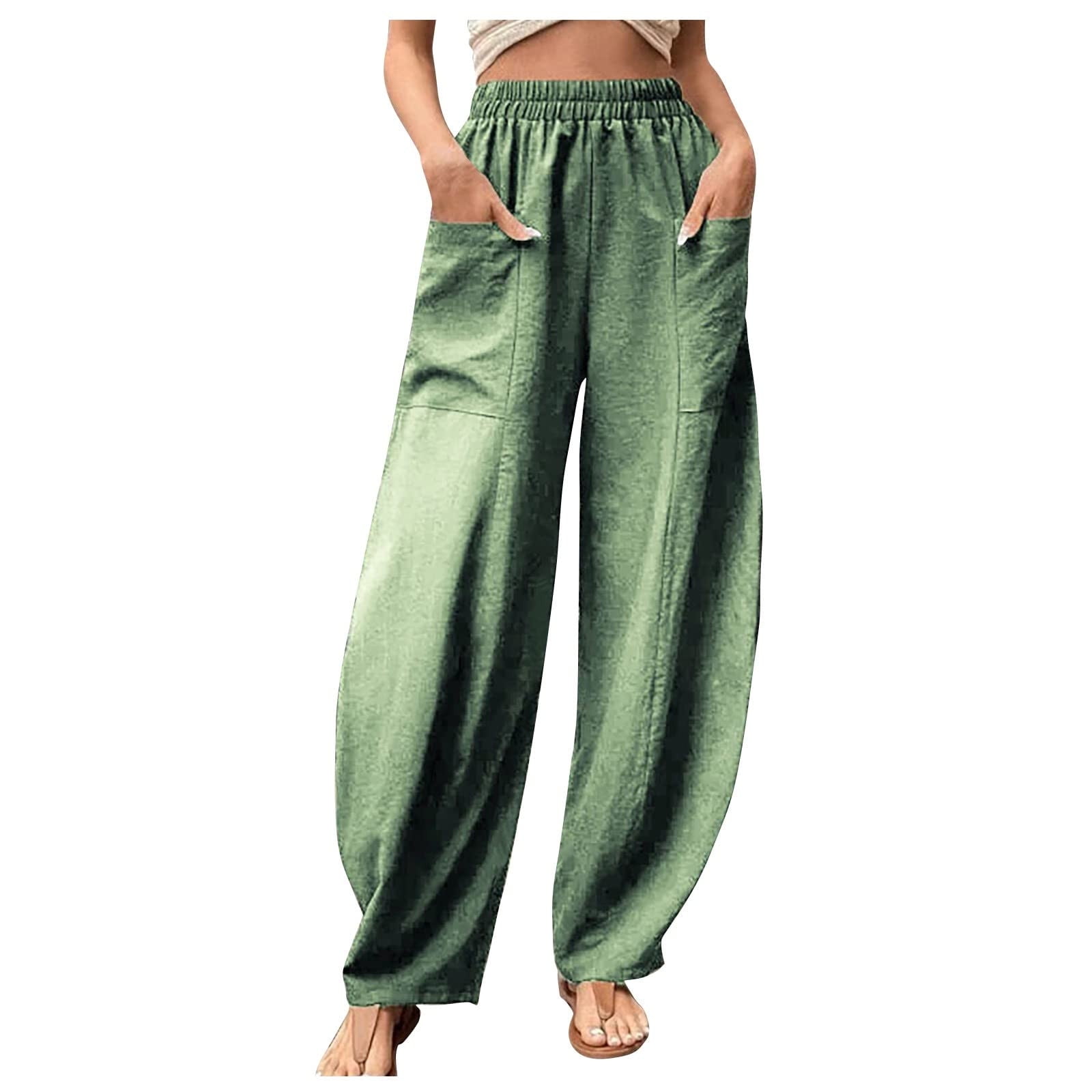 Mrat Linen Pants Women Summer Casual Loose Baggy Pocket Trousers Go Walk  Pants Fringe Pants Playsuit Overalls Cotton Linen Pants Mint Green_A XL 