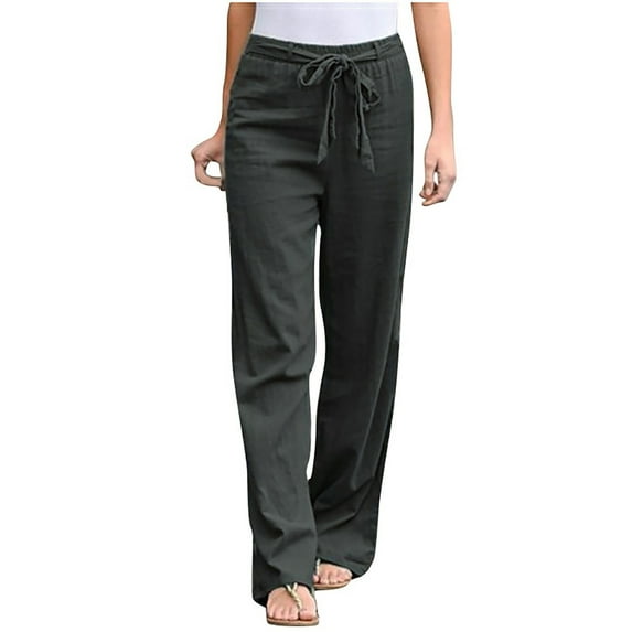 Mrat Linen Pants Women Summer Palazzo Pants for Women Solid Color Linen Sashes Women's Linen Pants Straight Casual Long Trousers for Women Pants Trousers Gray_BB 5XL
