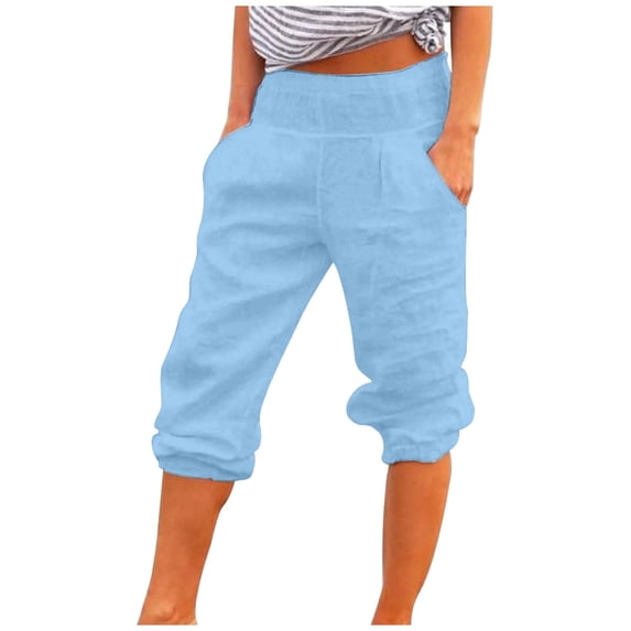 Mrat Linen Pants Women Summer Women's Loose Wide Leg Pants Cotton Linen Trousers Straight Capris Pants S-27 Blue L