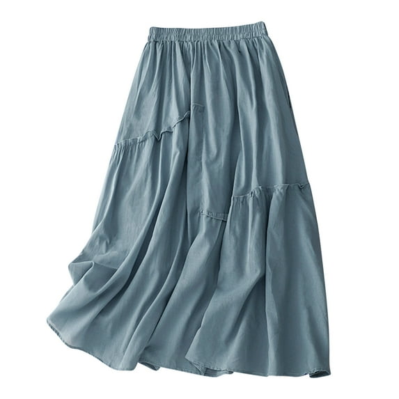 Mrat Linen Skirt Solid Summer Double Layer Cotton Linen Skirt for Women Flared Midi Skirt S-201 Blue One Size