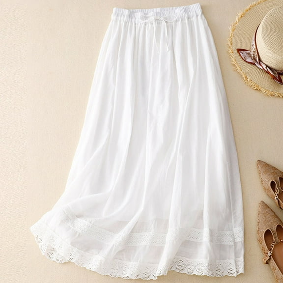 Mrat Linen Skirts Women's Summer Loose Retro Elastic Waist Full Length Embroidery Skirt Double Layer Flowing Cotton and Linen Gauze Skirt Linen Skirts S-38 White L