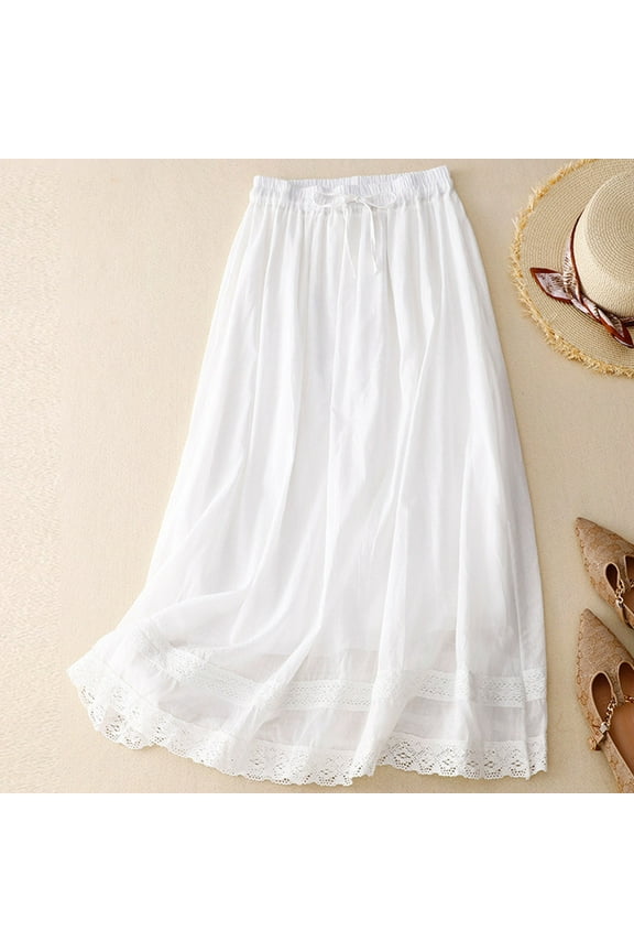 Linen Skirts Women's Summer Loose Retro Elastic Waist Full Length Embroidery Skirt Double Layer Flowing Cotton and Linen Gauze Skirt Linen Skirts S-38 White L
