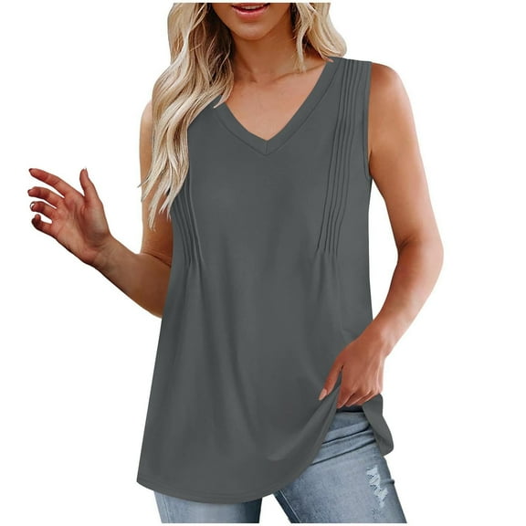 Mrat Linen Tank Tops for Women Fashion Women's Spring/Summer Solid Color Casual V-Neck Sleeveless Tops Tank Tops S-127 Dark Gray S