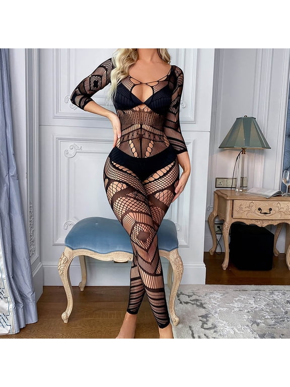 Lingerie Crotchless Wedding Lingerie for Bride Nightgowns & Sleepshirts Lingerie Fishnet Seamless Mesh Netting Stockings Chemise Hollow Out Bodysuit Sleepwear Black Free Size