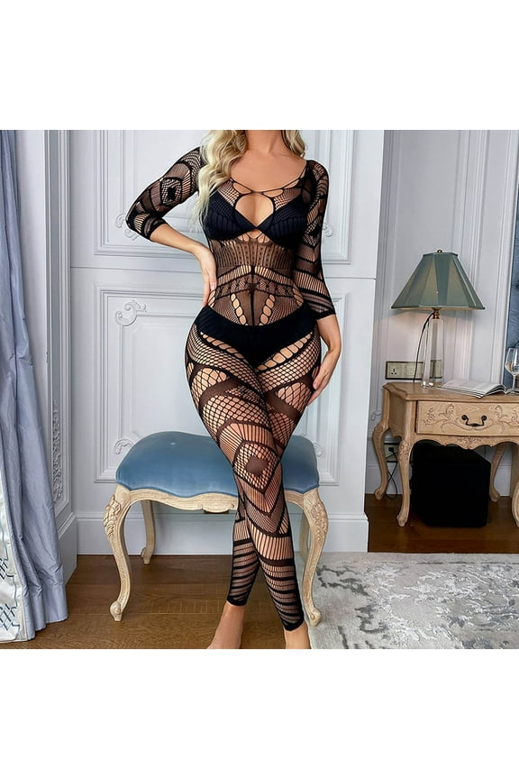 Lingerie Crotchless Wedding Lingerie for Bride Nightgowns & Sleepshirts Lingerie Fishnet Seamless Mesh Netting Stockings Chemise Hollow Out Bodysuit Sleepwear Black Free Size