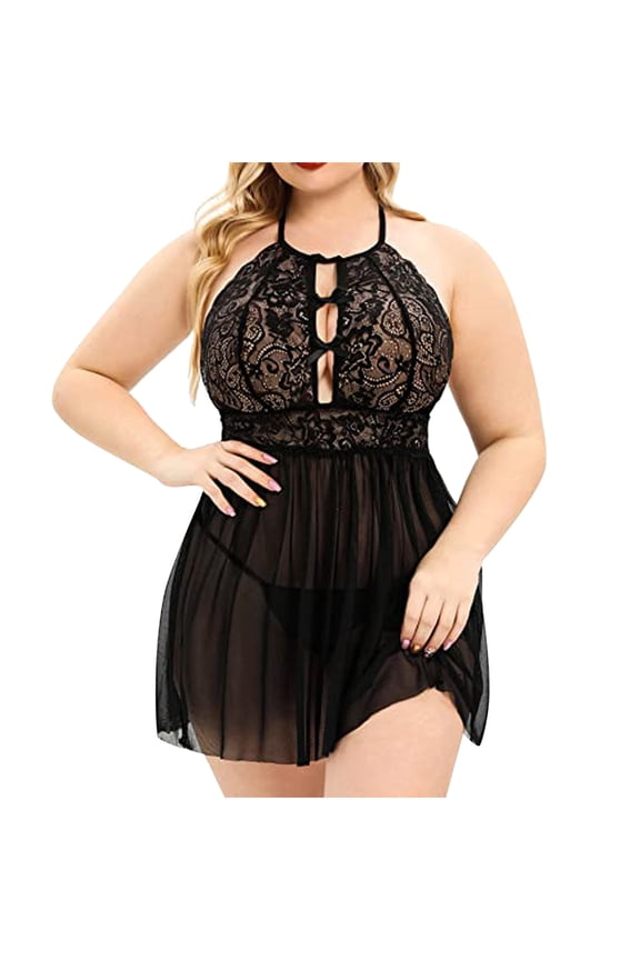 Lingerie Skirt Women Plus Size Lace Nightgown Hollow out Mesh Chemise Nighty Lingerie S-47 Black L