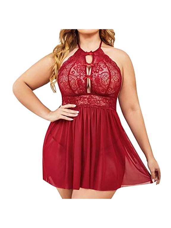 Lingerie Skirt Women Plus Size Lace Nightgown Hollow out Mesh Chemise Nighty Lingerie S-47 Red-A XXL