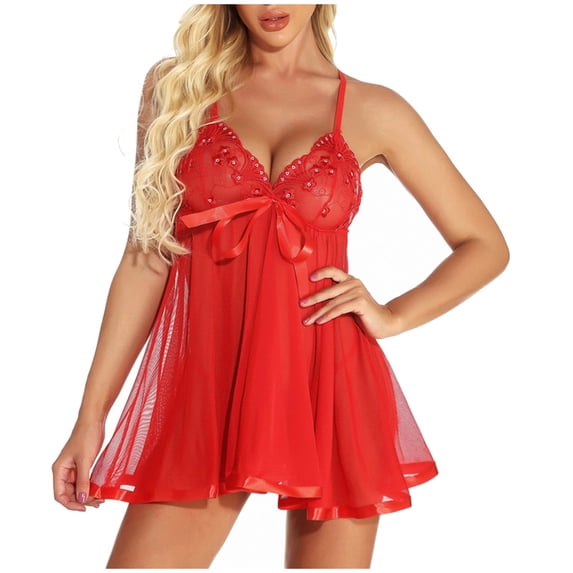 Mrat Lingerie Skirt Women Plus Size Lace Nightgown Mesh Chemise Nighty Lingerie S-17 Red-A 4XL