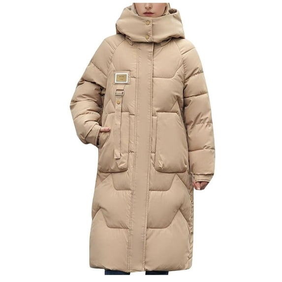 Mrat Long Extra Warm Winter Coats for Women Long Sleeve Hoodies Quilt Plus Size Parkas Coat Thick Warm Padded Coat Full-Length Windproof Parka Winter Coat Women Khaki L