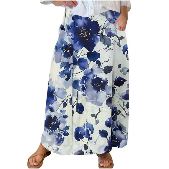 Mrat Long Flowy Skirts for Women Women's Casual Retro Floral Skirts Linen Elastic Waist Pleated Maxi Skirt with Pockets Plus Size Skirts S-178 Multicolor 4XL