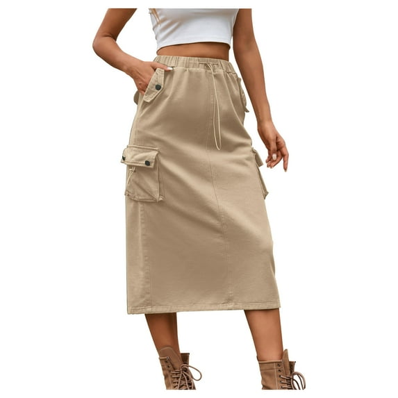 Mrat Long Maxi Skirt Women's Cargo Skirts Drawstring High Waist Back Split Midi Skirt with Flap Pockets Pleated Skirt Women S-95 Khaki S