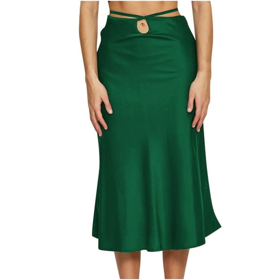 Mrat Long Skirts Women's Casual Fashion Solid Color Zipper Satin Skirt Navel Temperamental Commute Skirt A-Line Flowy Skirt S-66 Green XL