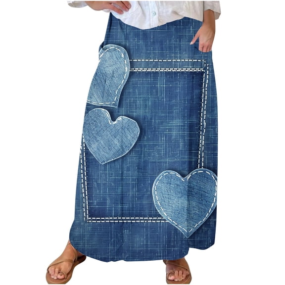 Mrat Long Skirts Women's Casual Retro Floral Skirts Linen Elastic Waist Pleated Maxi Skirt with Pockets Plus Size Skirts S-297 Blue S