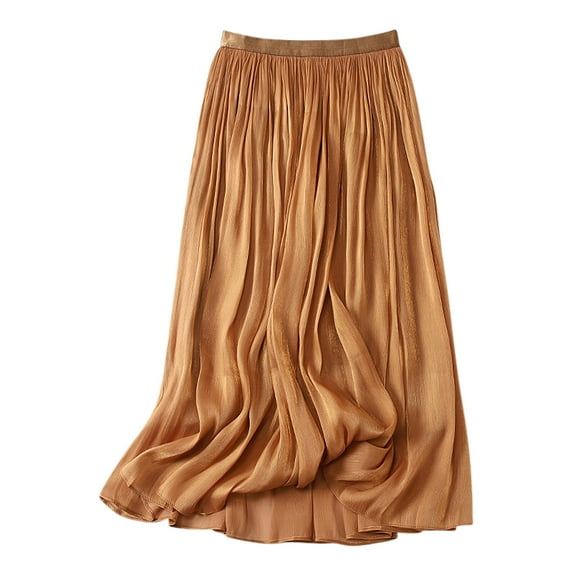 Mrat Long Skirts Women's Summer High Waist Pleated Skirt Casual Flowy A-Line Midi Skirts Lightweight Double Layered Flowy Beach Skirt S-22 Coffee One Size