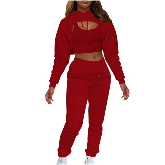 Mrat Long Sleeve Hooded Set Outfits For Women Casual Ladies Plush Drawstring Hoodie With Cotton Vest And Jogging Pants Three Piece Suit wear Sweatsuits Jogger Outfits