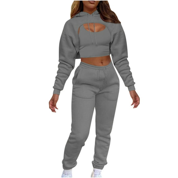 Mrat Long Sleeve Hooded Set Women's Two Piece Outfit Ladies Plush Drawstring Hoodie With Cotton Vest And Jogging Pants Three Piece Suit Long Sleeve Crop Top