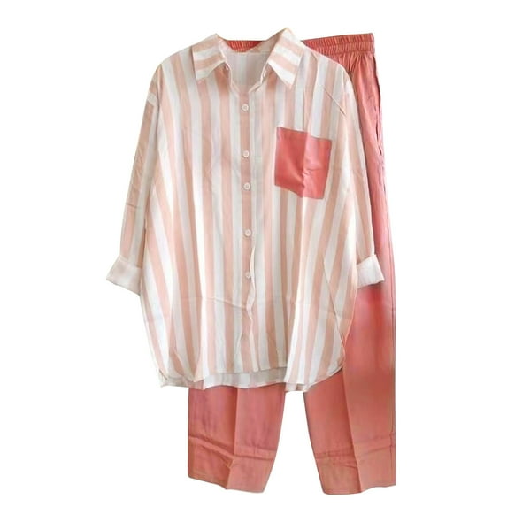 Mrat Long Sleeve Hoodie Outfits Womens 2 Piece Outfit Casual Business Office Work Suit Long Sleeve Striped Blouse and Pants Set S-101 Pink-A S