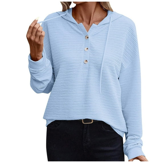 Mrat Long Sleeve Hoodie for Women Fall Lightweight Textured Casual Hooded Shirts Button Solid Business Work Blouses Half Zip Hoodie Women S-71 Light Blue S