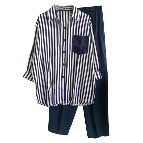 Mrat Long Sleeve Pullover Suit Set Womens 2 Piece Outfit Casual Business Office Work Suit Long Sleeve Striped Blouse and Pants Set S-101 Blue S