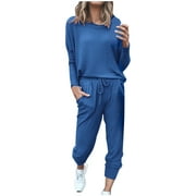 Mrat Long Sleeve Round-Neck Shirts Sets Casual Sports Solid Color Suit Ladies Loose Two-piece Sets Solid Long Sleeve Tops Vest Casual Pants Sweatsuit Female Outfits Sweatsuit Set