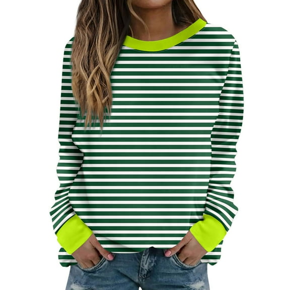 Mrat Long Sleeve Striped Shirts for Women Crew Neck Striped Tops Loose Fitting Casual T Shirts Trendy Lightweight Soft Tops Hoodies for Women Full Zip up Sweatshirts S-99 Green 3XL