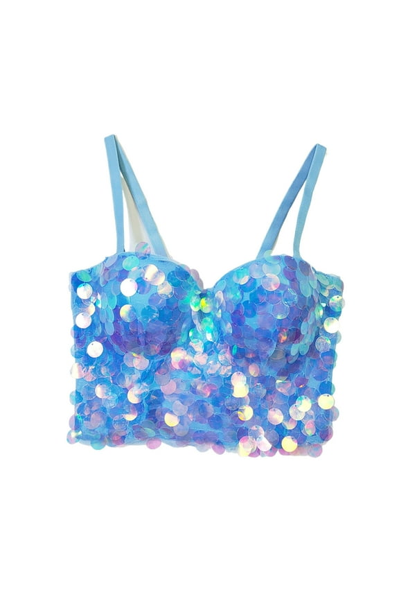 Mrat Long Sports Bras for Women Women's Corset Fishbone Bra Sequin Bead Hanging Strap Cropped Tops Party Clubwear S-290 Light Blue L