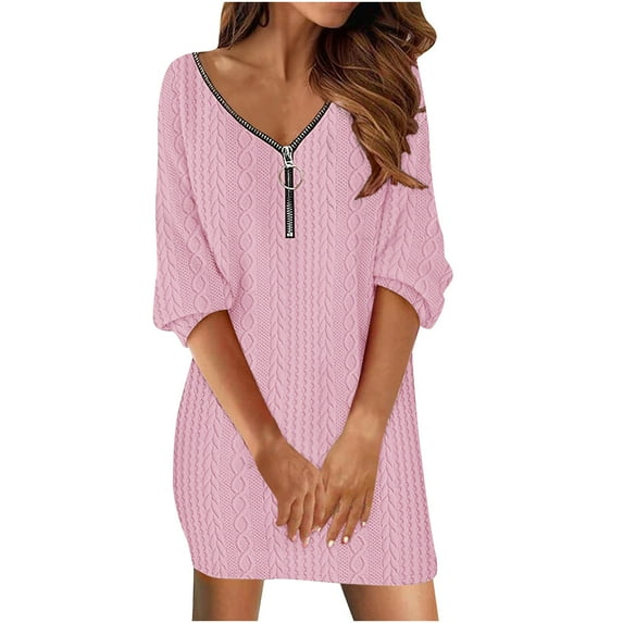 Mrat Long Summer Dresses 2024 Women's Solid Color Casual Comfortable V-Neck Long Sleeved Dress Backless Dresses for Women S-475 Pink-A M