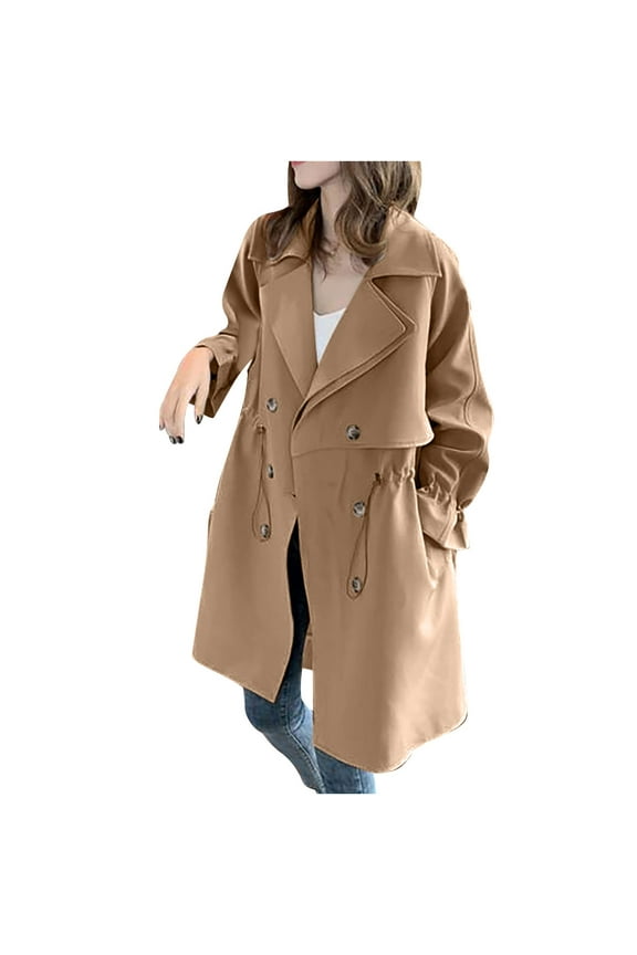Long Trench Coat for Women Double Breasted Classic Coat Drawstring Waisted Windproof Jackets Mid Long Overcoat with Pockets S-3 Khaki M