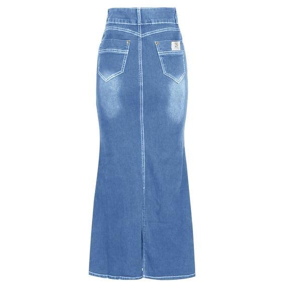 Mrat Long Tulle Skirts Women's Casual Front Button Washed Denim A-Line Skirts Long Jean Skirt Summer Boho Skirts S-171 Light Blue L