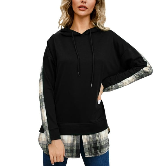 Mrat Long Zip up Hoodie Women Women's Trendy Plaid Patchwork Hoodie Pullover Tops Women Sweatshirt Zip up S-7 Black S