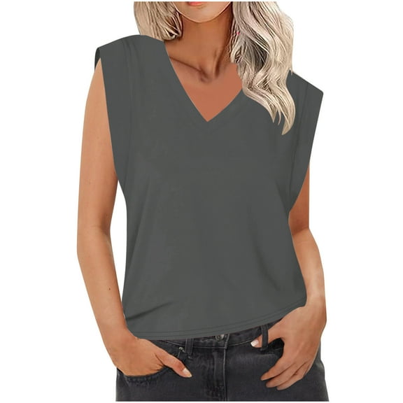 Mrat Looseting Tank Tops for Women Womens Solid Color Sleeveless V-Neck Sleeveless Sling Tops Blouse S-345 Dark Gray XL