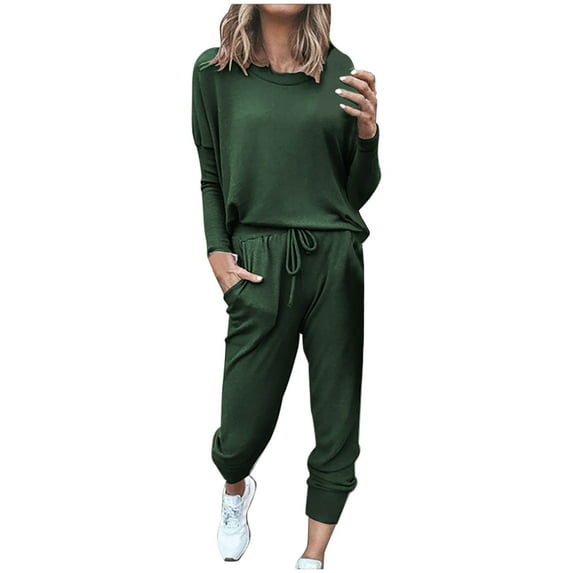 Mrat Loungewear Sets for Women 2 Piece Outfits Tracksuit Jogger Set Long Sleeve Pullover Tops and Long Pants with Pockets Sets S-70 A-Green m