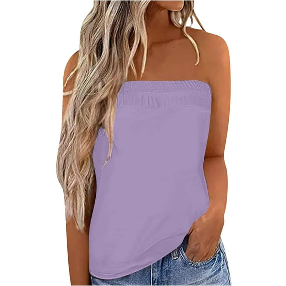 Mrat Low Cut Tank Tops for Women Strapless Bandeau Tank Tops for Women Summer Solid Color Tube Tops Casual off Shoulder Holiday Blouse Tops S-227 Purple M