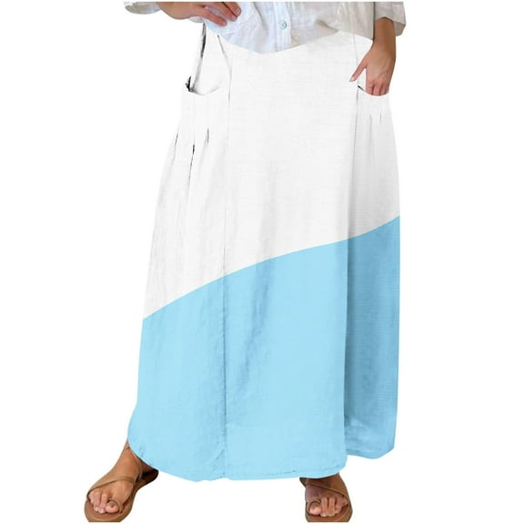 Mrat Maxi Skirt with Pockets Women's Casual Retro Floral Skirts Linen Elastic Waist Pleated Maxi Skirt with Pockets Plus Size Skirts S-153 Light Blue XL