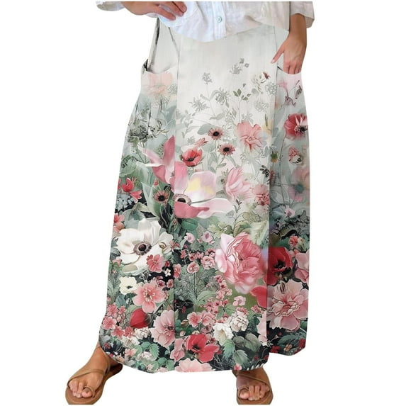 Mrat Maxi Skirt for Women Women's Casual Retro Floral Skirts Linen Elastic Waist Pleated Maxi Skirt with Pockets Plus Size Skirts S-208 Multicolor M