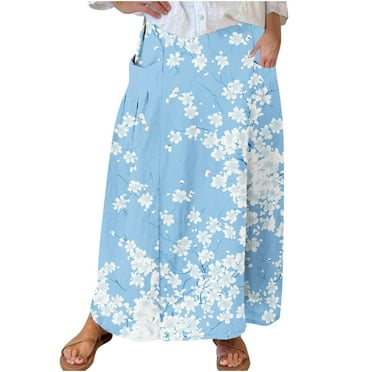 Mrat Maxi Skirt with Pockets Women's Casual Retro Floral Skirts Linen Elastic Waist Pleated Maxi Skirt with Pockets Plus Size Skirts S-219 White M