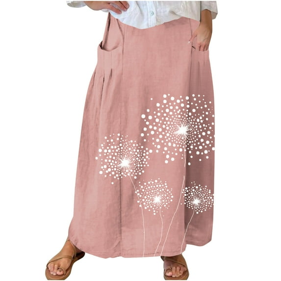 Mrat Maxi Skirt with Pockets Women's Casual Retro Floral Skirts Linen Elastic Waist Pleated Maxi Skirt with Pockets Plus Size Skirts S-243 Pink-A M