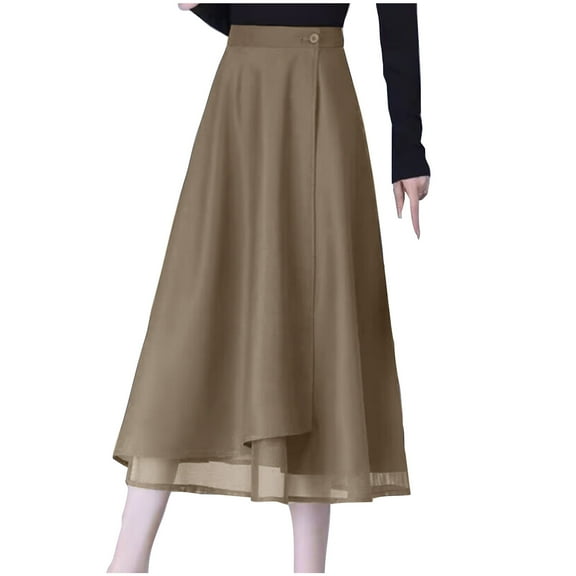 Mrat Maxi Skirt with Pockets Women's Work Wear Skirt Casual High Waisted Button Midi Skirts Vintage A-line Double Layered Mesh Skirt S-339 Khaki 3XL